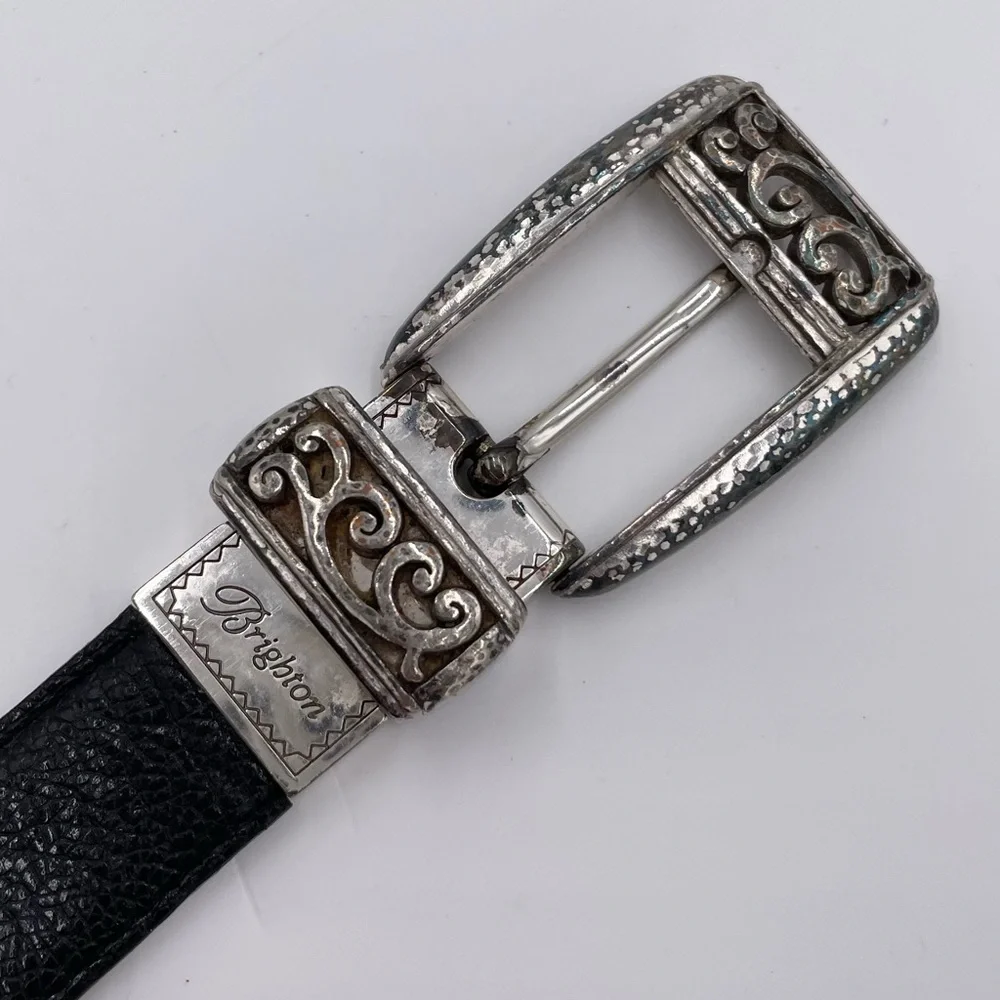 Vintage 80s 90s Brighton Black Leather Belt Women's Size 38 Embellished Buckle